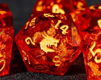 Red Dragon Liquid Core Resin Dice Set, RPG D&D Dice