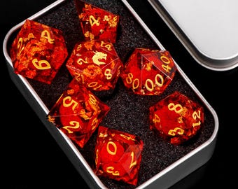 Red resin liquid core dice set ,Dnd liquid core dice with box for dnd gifts , dragon resin liquid dice, rpg red dragon d&d dice