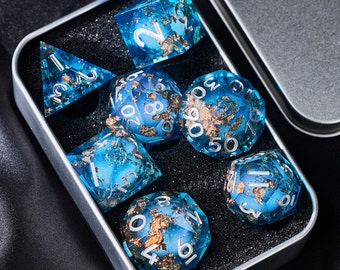 liquid core dice set for dungeons and dragons , liquid core dnd dice set for gifts , Blue gold foil resin liquid dice , rpg dice set