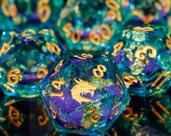 Liquid Core Dragon Dice Set, Purple Resin RPG Dice for DND