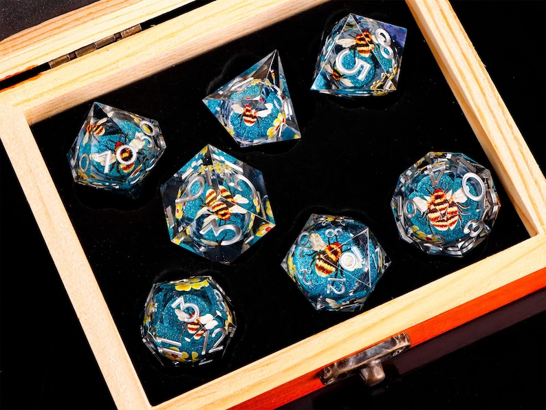 Bee Liquid Core Dice Set | Orange Resin RPG Dice | Orange Liquid Core Dice with box for dnd gifts image 14