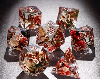 Red Flower Resin Dice Set: Sharp Edge D&D RPG Dice