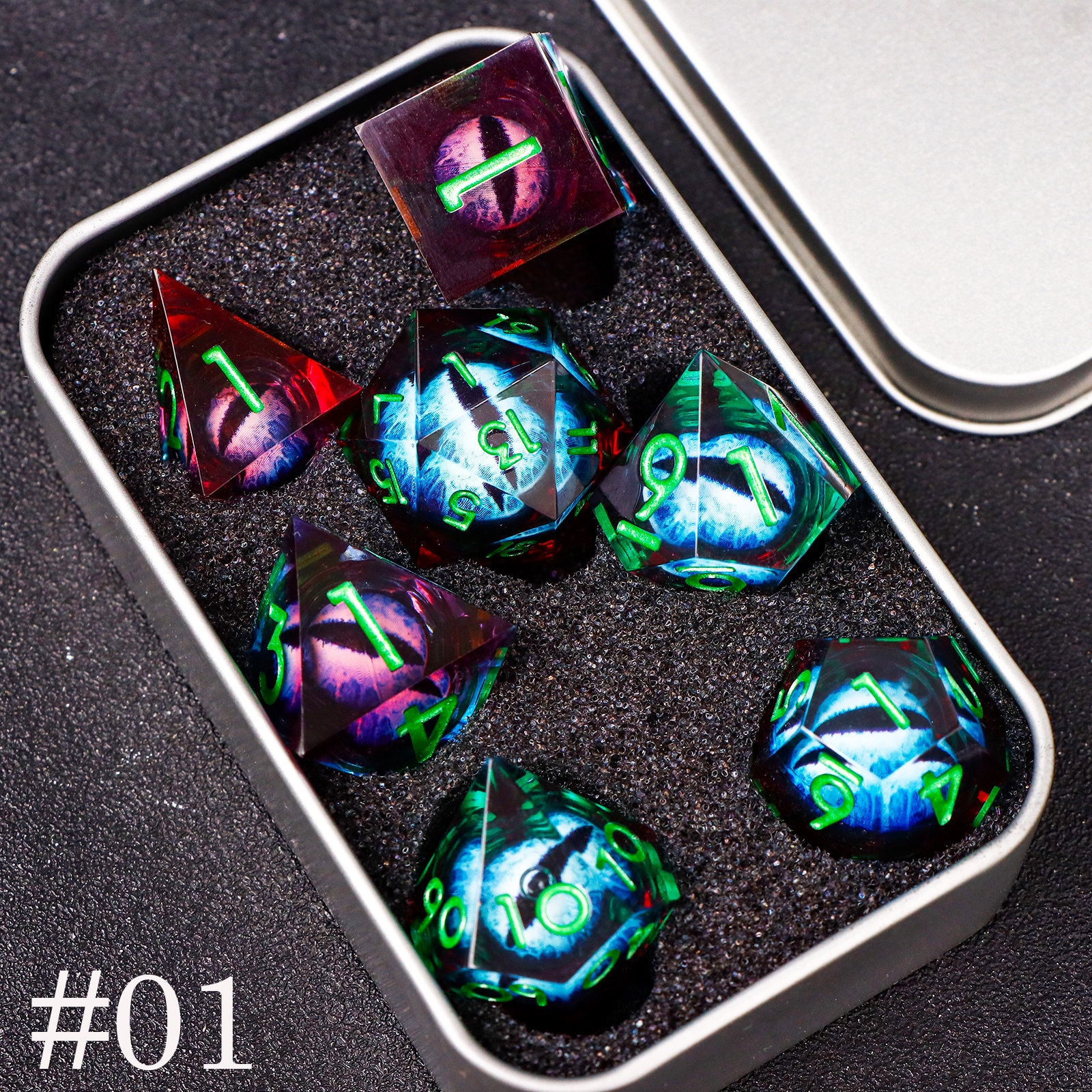 Purple Dragon's Eye Liquid Core Dice For Role Playing Games, Beholder's Eye Dice For DND Gifts, Mixed Color Resin Liquid Core Dice D&D Set