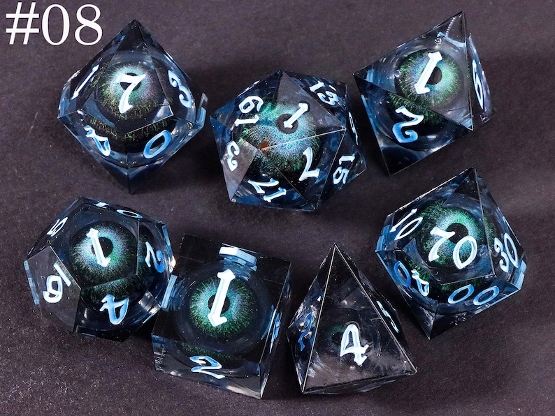 Dnd dragon's eye liquid core dice set , liquid core dnd dice set for dnd gifts , rpg dice set , Resin d&d dice set, eyeball dice #08