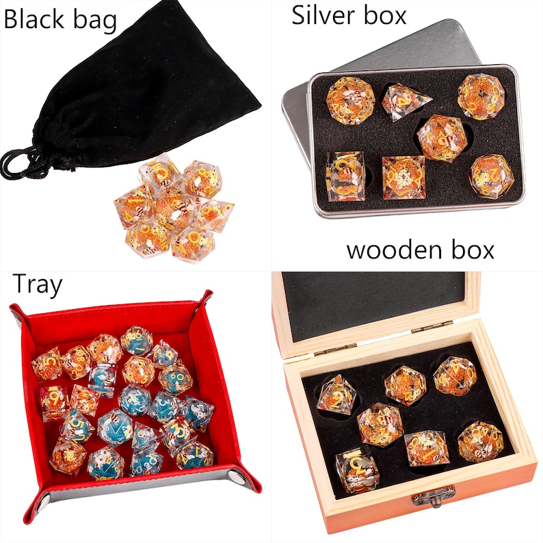 May include: A set of polyhedral dice with gold and orange accents, shown in a black velvet bag, a silver box, a wooden box, and a red felt tray. The dice are clear and have a variety of shapes.