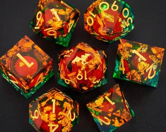 Orange Green Dragon Resin Liquid Core Dice Set, RPG D&D