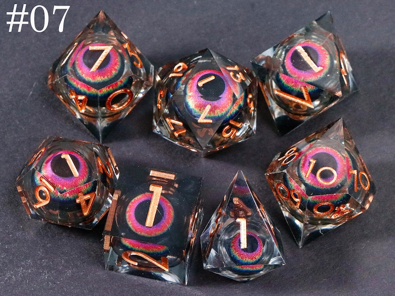 Dnd dragon's eye liquid core dice set , liquid core dnd dice set for dnd gifts , rpg dice set , Resin d&d dice set, eyeball dice #07