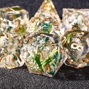 transparent resin sharp edge dice set | Resin D&D Dice Set  | White flower resin dice for role playing games | rpg dice set