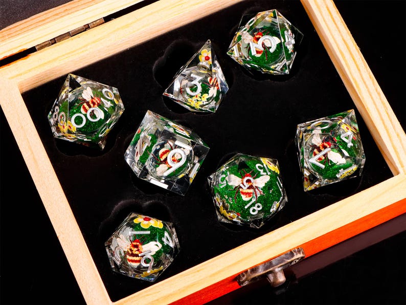 Bee Liquid Core Dice Set | Orange Resin RPG Dice | Orange Liquid Core Dice with box for dnd gifts image 15