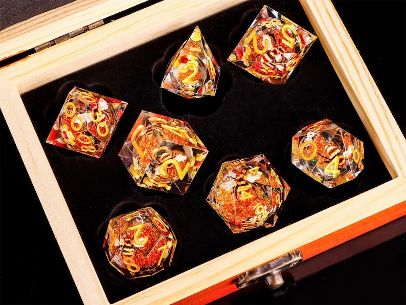 Bee Liquid Core Dice Set | Orange Resin RPG Dice | Orange Liquid Core Dice with box for dnd gifts image 12
