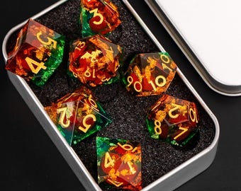 Set di dadi liquidi del drago D&D, dadi liquidi del drago D&D per regali D&D, dadi liquidi del drago verde arancione, set di dadi RPG, dadi del drago D&D
