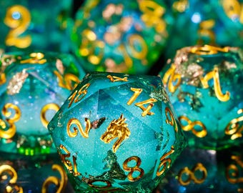 Gold Foil Green Dragon Liquid Core Dice Set, RPG D&D Dice