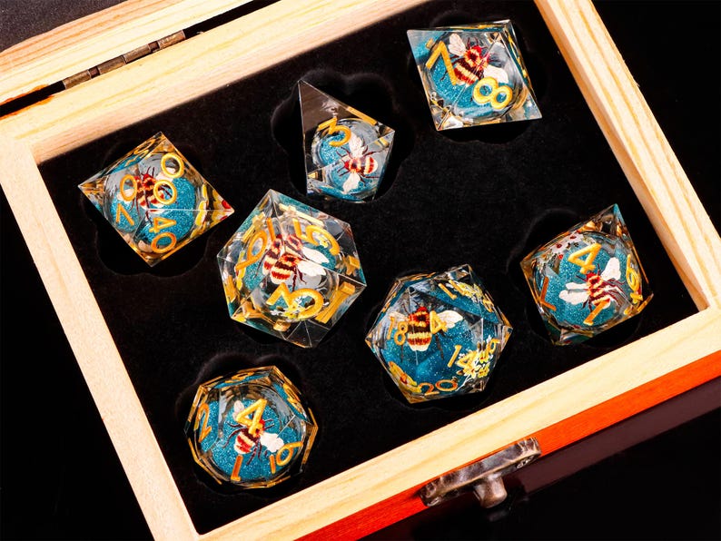 Bee Liquid Core Dice Set | Orange Resin RPG Dice | Orange Liquid Core Dice with box for dnd gifts image 13