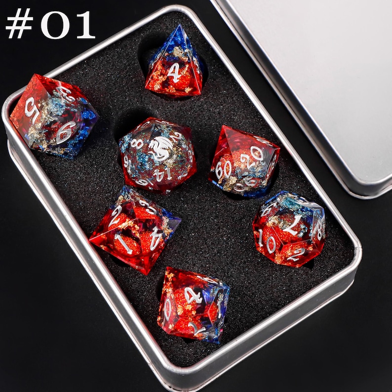 Dnd dragon liquid core dice set , liquid core d and d dice for dnd gifts ,New dragon resin liquid dice, rpg dice set, red dragon d&d dice 01