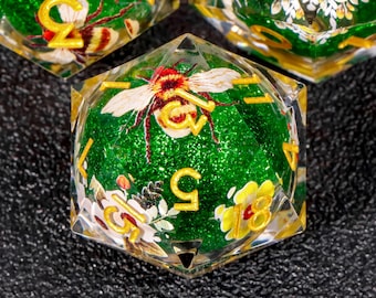 Green Resin Bee Liquid Core Dice Set, RPG Gaming