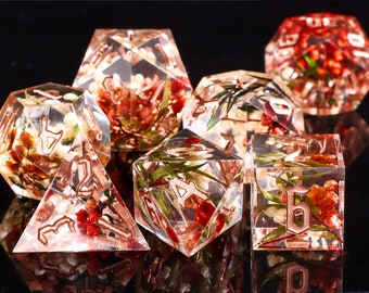 Set di dadi con bordo affilato a forma di fiore rosso in resina / Set di dadi D&D in resina / Dadi in resina con fiore rosa per giochi di ruolo / Set di dadi per giochi di ruolo