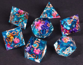 Dnd Resin Sharp Edge Würfelset | handgemachtes Resin D&D Würfel Set | Lila Blumenharzwürfel für Rollenspiele | RPG-Würfel-Set