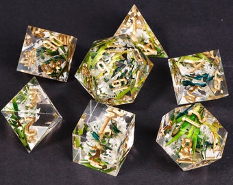 Transparent Resin Sharp Edge Dice Set | Handmade flowers resin D&D Dice Set  | Green resin dice for role playing games | rpg dice set