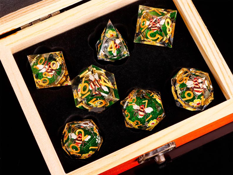 Bee Liquid Core Dice Set | Orange Resin RPG Dice | Orange Liquid Core Dice with box for dnd gifts image 16