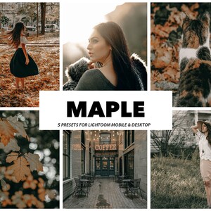 Könnte beinhalten: Eine Collage aus Bildern, die eine Frau in einem schwarzen Rock und einem weißen Oberteil, eine Frau in einem grauen Pullover, eine Katze, die auf einem Bett aus Herbstlaub sitzt, ein Café mit einem Schild, auf dem "COFFEE" steht, und eine Frau in einem weißen Kleid und einem Hut, die auf einem Feld mit hohem Gras steht, zeigt. Der Text "MAPLE" und "5 PRESETS FOR LIGHTROOM MOBILE & DESKTOP" ist ebenfalls im Bild enthalten.