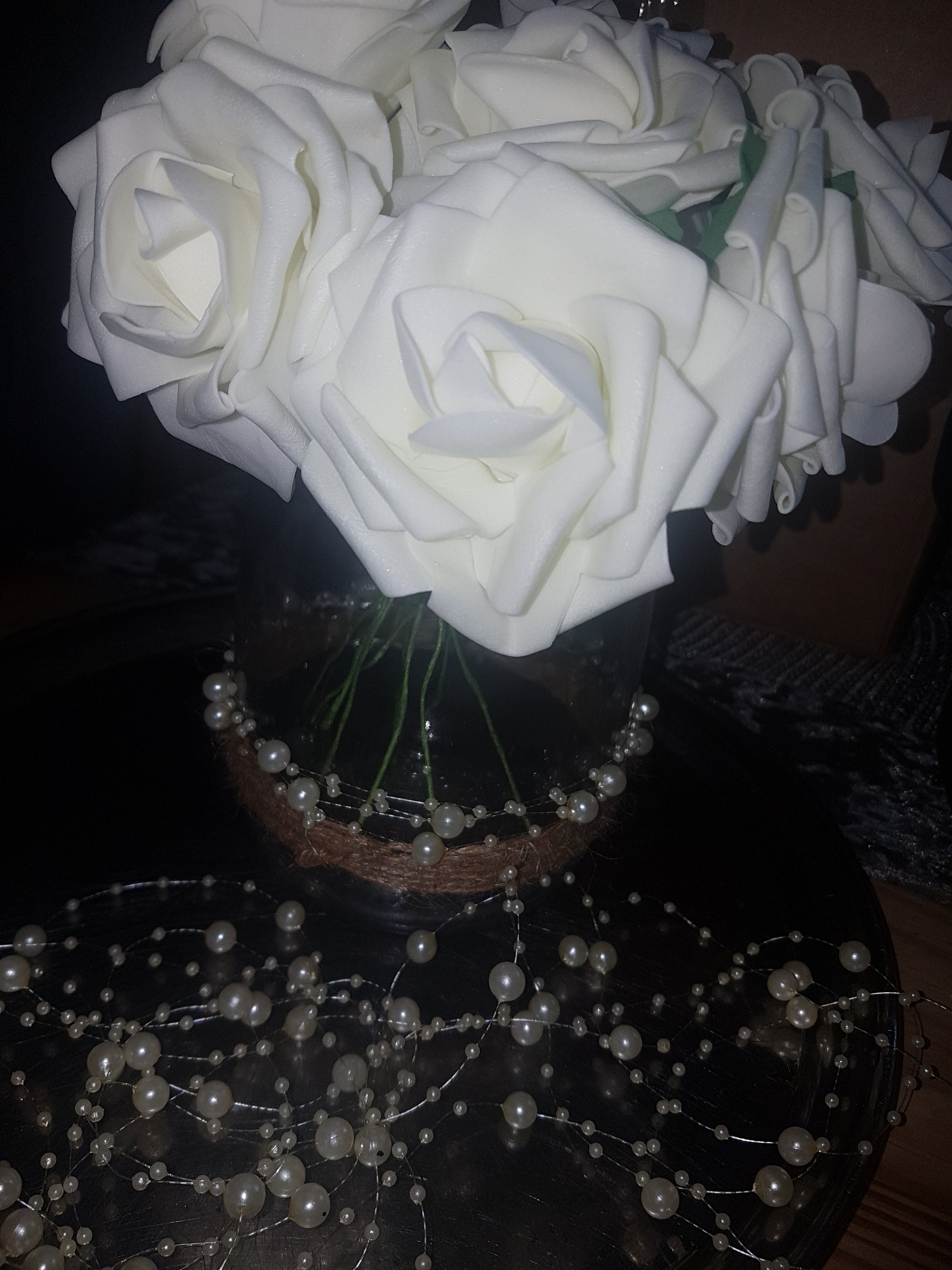White Artificial Roses in Clear Glass Vase With Pearls for Effect Etsy