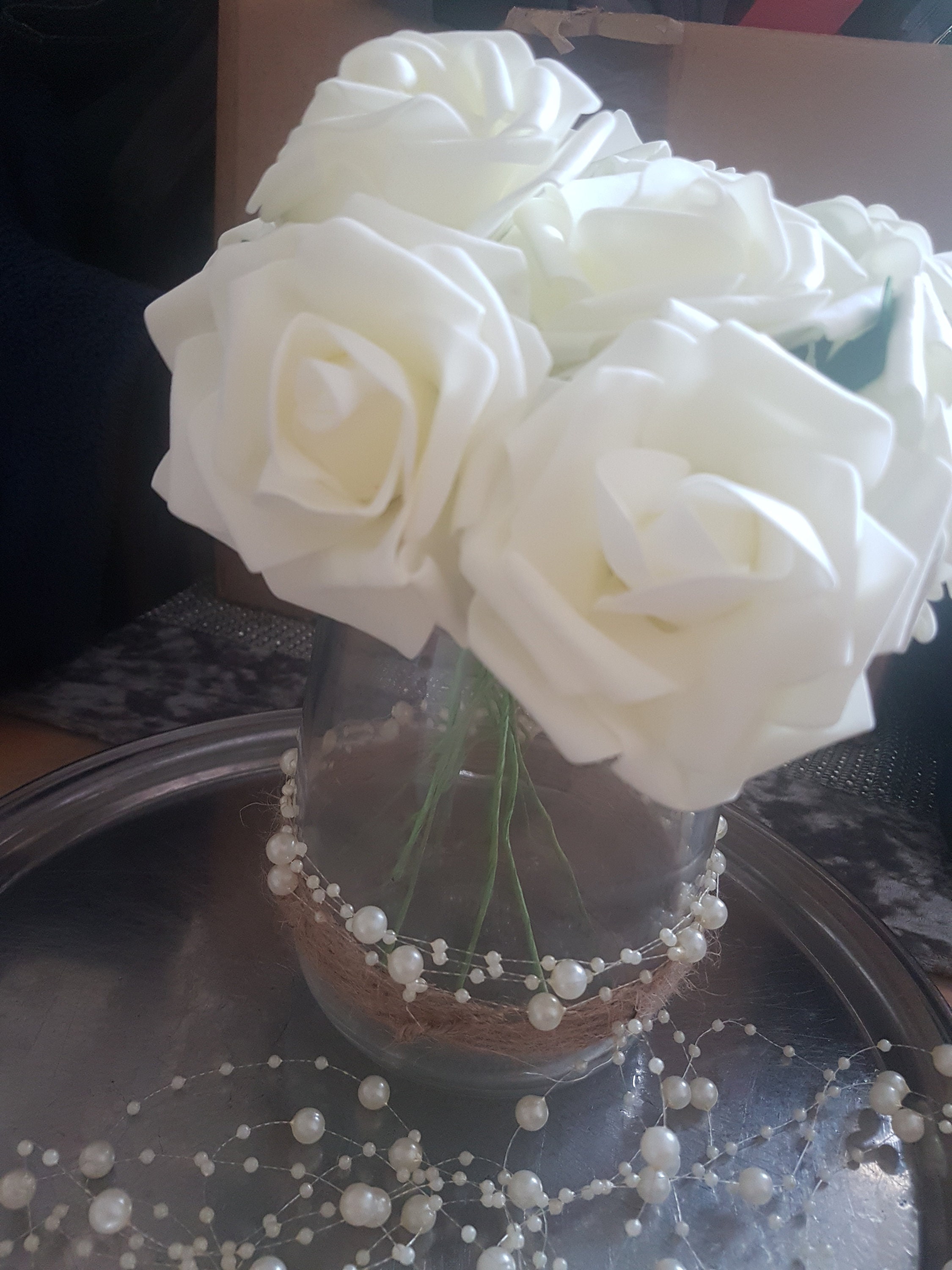 White Artificial Roses in Clear Glass Vase With Pearls for Effect Etsy