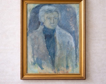 Retrato expresionista vintage al óleo en tonos azules, obra firmada (40 x 60 cm)