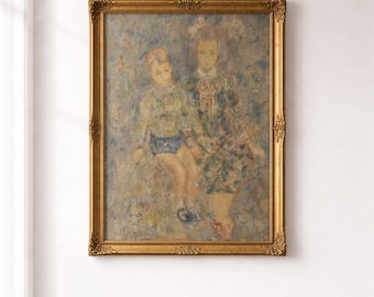 Retrato infantil impresionista vintage de los años 70, pintura al óleo sobre lienzo / Arte figurativo europeo expresivo / Obra de arte original enmarcada