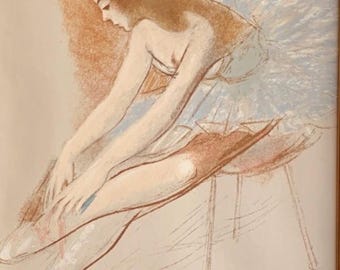 Vintage pastel, drawing, ballerina on paper, expressionist, signed and dated, antique, modern art 20th century