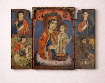 Icono ortodoxo bizantino raro hecho a mano, tríptico, siglo XIX, iconografía auténtica, antiguo