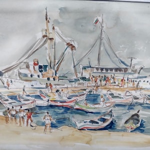 Dipinto antico ad acquerello, cornice in legno, vintage, mare, marinaio, oceano Impressionismo, arte moderna XX secolo