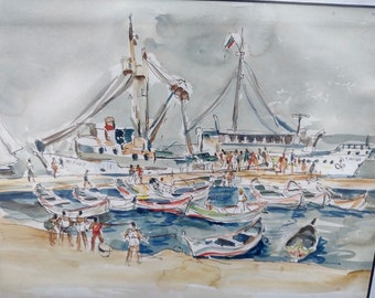 Antique watercolor Painting, wooden frame, vintage, sea, Sailor, ocean Impressionism, modern art 20th century