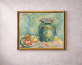 Pintura al óleo antigua, naturaleza muerta, frutas, firmada por G. Peshkov, vintage, arte moderno del siglo XX.