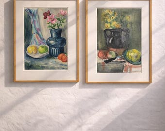 Conjunto de 3 bodegones de acuarela, originales, antiguos, vintage, arte, acuarela sobre papel