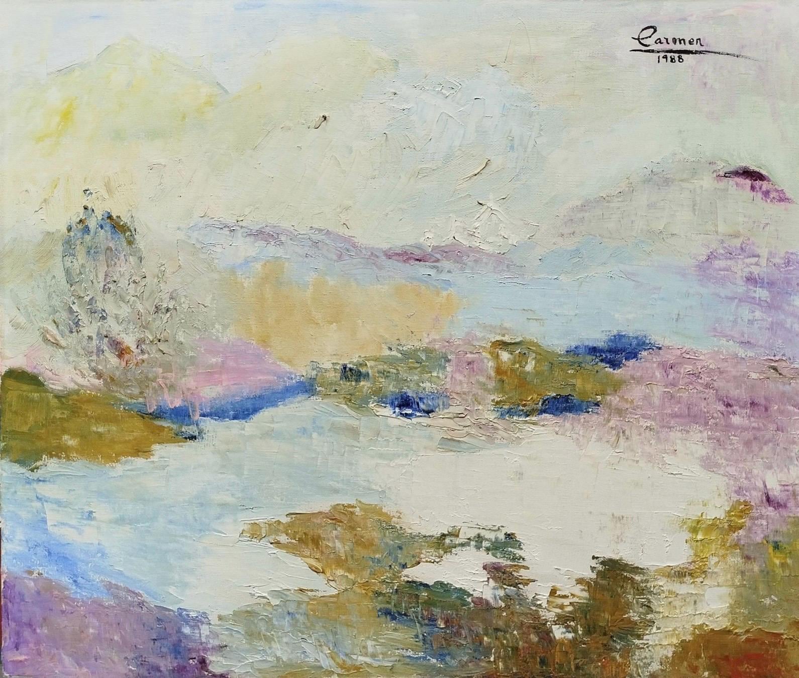 Pastel Abstract painting, Vintage oil painting, oil on canvas, signed Carmen 88, antique, modern art, 20th century