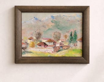 Pintura al óleo original de Blagoy Pandov – Paisaje búlgaro clásico – Firmada, escena de montaña y pueblo de la década de 1970 – Arte europeo enmarcado