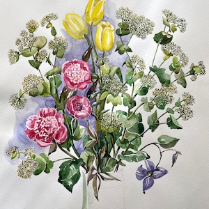 Antico dipinto ad acquerello, illustrazione botanica, fiori, vintage, arte moderna del XX secolo, cottage