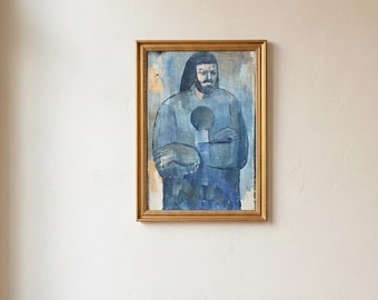 Retrato expresionista vintage al óleo en tonos azules, obra firmada (40 x 60 cm)