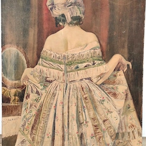 Rara pintura original em aquarela assinada, 1922, mulher, moda, a bordo, antiga, vintage