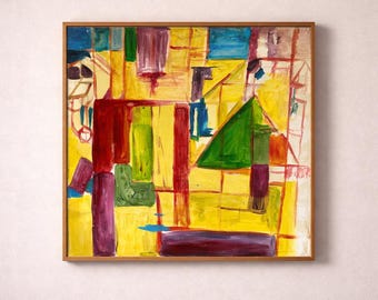 Pintura abstracta vintage en lienzo estilo Hans Hofmann, firmada