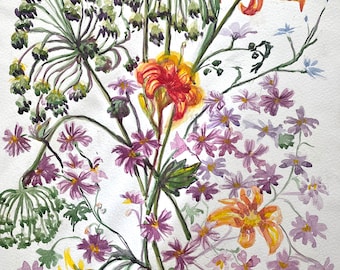 Antique watercolour painting, botanical, flowers, vintage, modern art 20th century