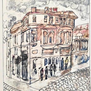 Peter Nenov, monotipo antico, “vecchia Plovdiv”, paesaggio urbano, vintage, firmato NENOV, inchiostro su carta, arte moderna XX secolo
