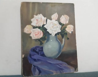 Vase with roses, Still life oil painting on board, Nikolay Iliev, original