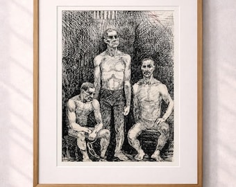 Boceto vintage en tinta, "Prisioneros", firmado por Diana Vasileva Harizanova