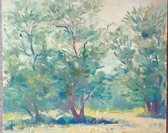 original oil painting, landscape, tempera on board, antique, vintage