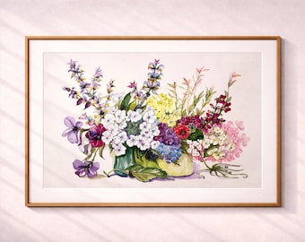 Abundancia en el jardín – Acuarela floral original de gran tamaño, 50×70 cm / Arte botánico contemporáneo