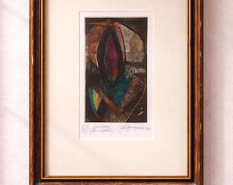 Lámina artística abstracta firmada – Gráfico modernista vintage enmarcado