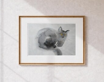 Impresión artística de acuarela de gato negro, ilustración felina minimalista, decoración neutra