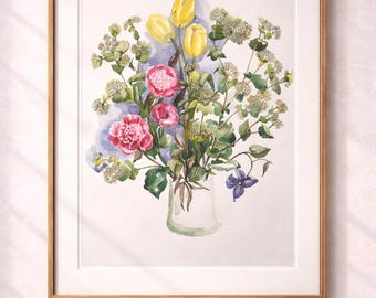 Flores silvestres en jarrón – Acuarela original, 50×70 cm / Bodegón botánico suave