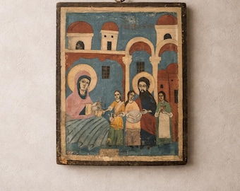 Icono ortodoxo antiguo sobre panel de madera – Iconografía folclórica ingenua, arte religioso pintado a mano, pieza mural sagrada primitiva, estilo del siglo XIX.